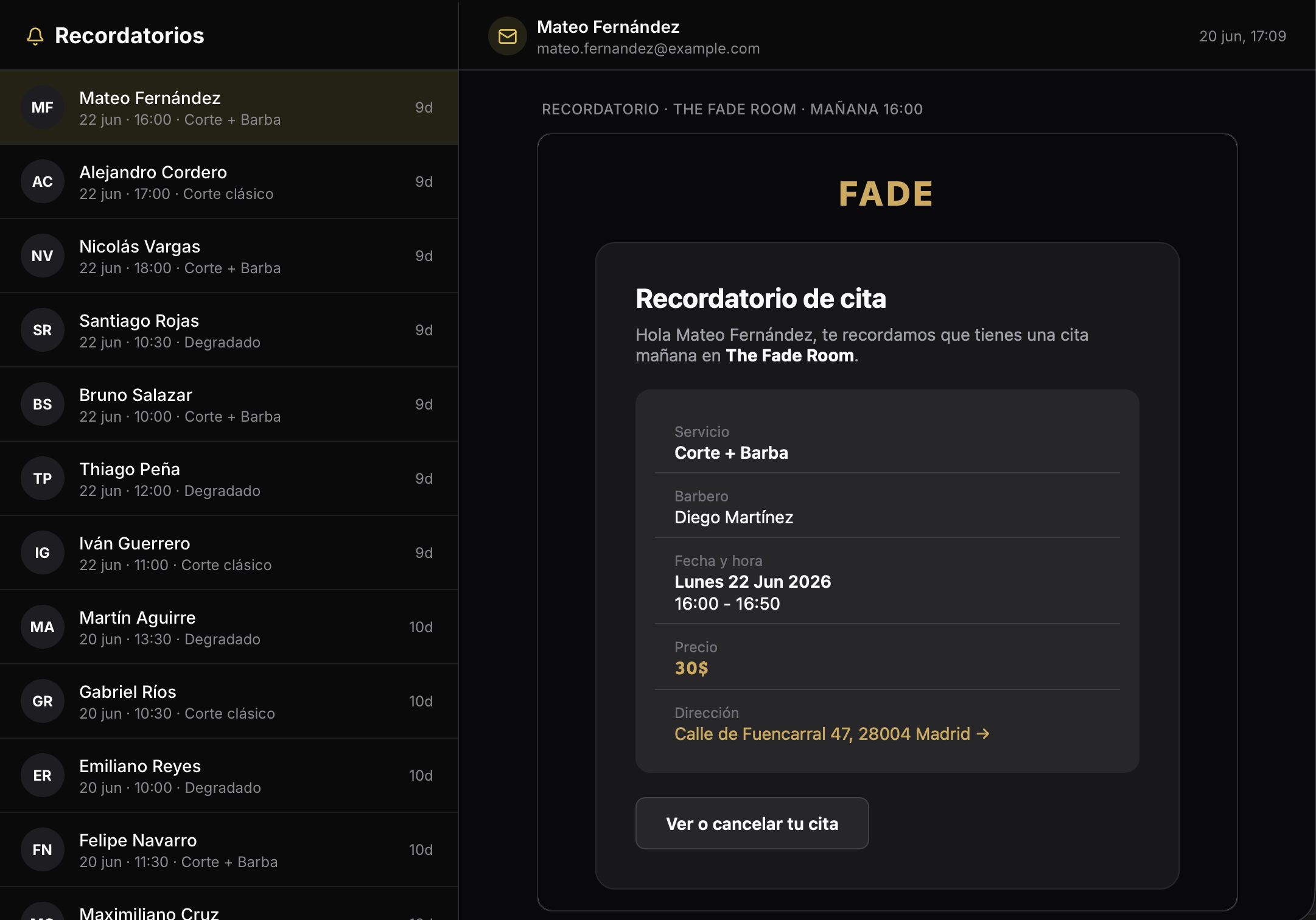 Panel de recordatorios de FADE con la vista previa del email